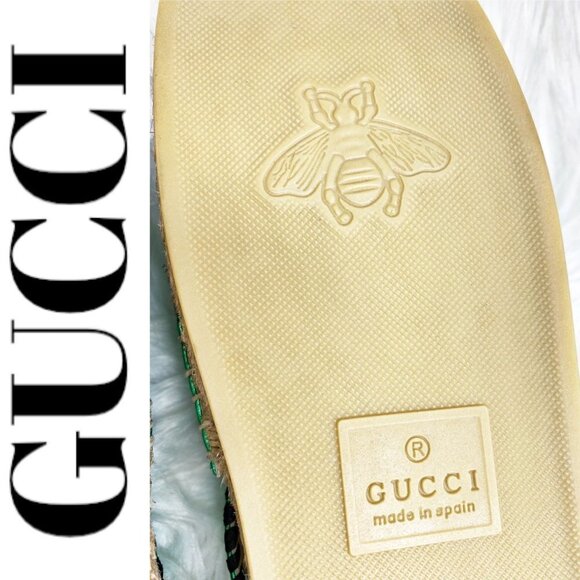 NWT GUCCI Nappa Silk Leather GG Logo Metallic Green Platform Espadrilles, 35 - Picture 10 of 14